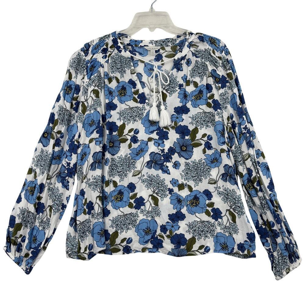 Lucky Brand Blouse Top Womens Size L Blue White Floral Tassel Ties Long Sleeve